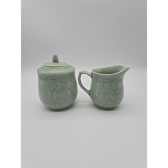 Vintage Chinese Longquan Celadon Green Koi Fish Sugar & Creamer Set 1950-1980 - Picture 3 of 8